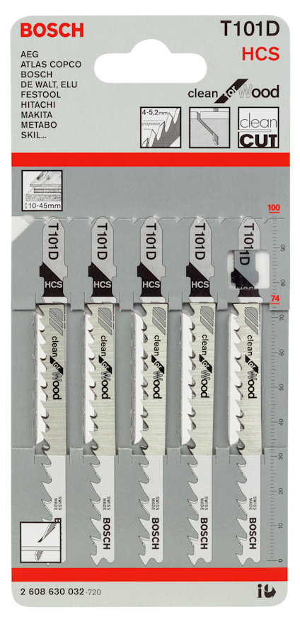 Förpackning med Bosch T101D HCS sågblad för trä. Innehåller 5 blad.