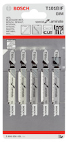 Förpackning med fem Bosch T101BIF BIM sticksågblad för laminat.