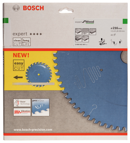 Förpackning för Bosch expert träcirkelsågblad, diameter 216 mm, 48 tänder, med etiketter för funktioner som "easy cut".