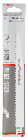 Förpackning för Bosch sågblad, modell S 1110 VF, för trä och metall, 225 mm, 5-pack.