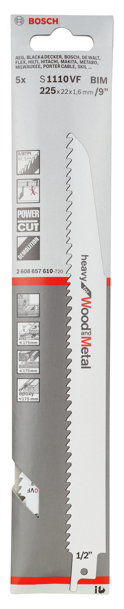 Förpackning för Bosch sågblad, modell S 1110 VF, för trä och metall, 225 mm, 5-pack.