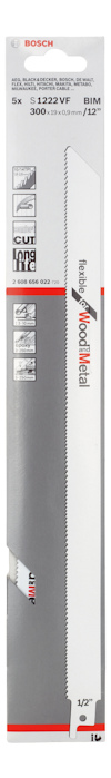 Förpackning med en sågklinga från Bosch, märkt "Progressor for Wood+Metal", med produktkod S522EF.