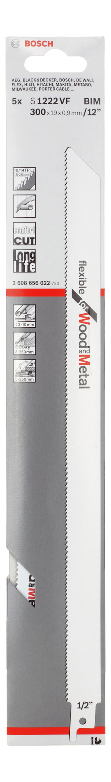 Förpackning med en sågklinga från Bosch, märkt "Progressor for Wood+Metal", med produktkod S522EF.