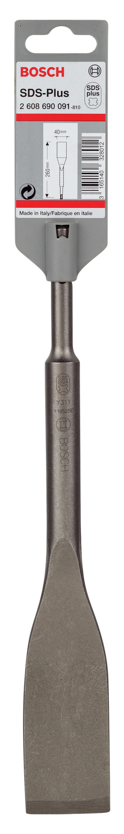 Mejsel med metallkropp och Bosch SDS-plus-label på övre delen av skaftet.