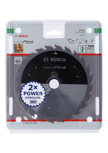 Cirkelsågblad i förpackning, Bosch Standard for Wood, diameter 165mm, 20 tänder, märkningar inkluderar "2x Power Cordless".