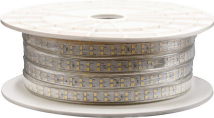 En vit rulle med transparent LED-ljusslinga som är lindad runt den, med synliga dioder längs slingan.