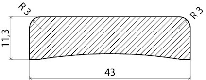Tvärsnitt av en rektangulär platta med avrundade hörn, mått: 43 bred, 11,3 hög, radie R3.