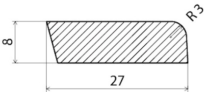 Diagram över en komponent med mått: bredd 27, höjd 8 och en rundad kant med radie R3.
