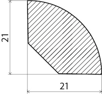 Kvadrat med ett diagonalt närt hachur-mönster och en fjärdedels cirkel som delvis överlappar, båda med 21 enheter som sidor.