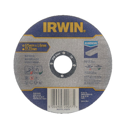 Kapskiva med blå och grå etikett, texten "IRWIN" och piktogram. Märkt för aluminium, cirkulär form med ett centralt hål.