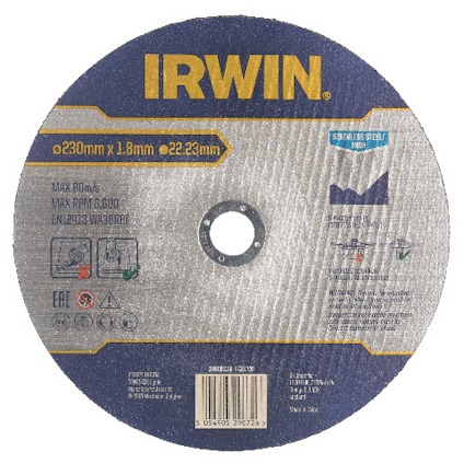 Rund kapskiva med text inkluderande "IRWIN" och specifikationer för användning, material och säkerhetsikoner.