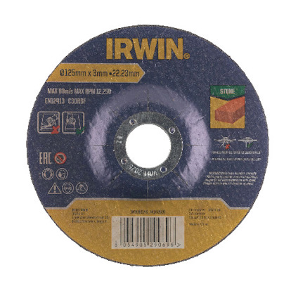Kapskiva med texten "IRWIN" och märkningar, inklusive symboler för säkerhetsanvisningar och användningsinformation.