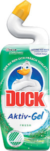 Toalettrengöring i flaska med böjd hals, etikett med anka och texten "DUCK Aktiv-Gel Fresh".