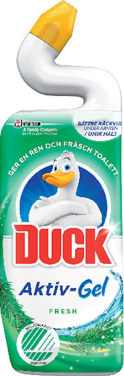 Toalettrengöring i flaska med böjd hals, etikett med anka och texten "DUCK Aktiv-Gel Fresh".