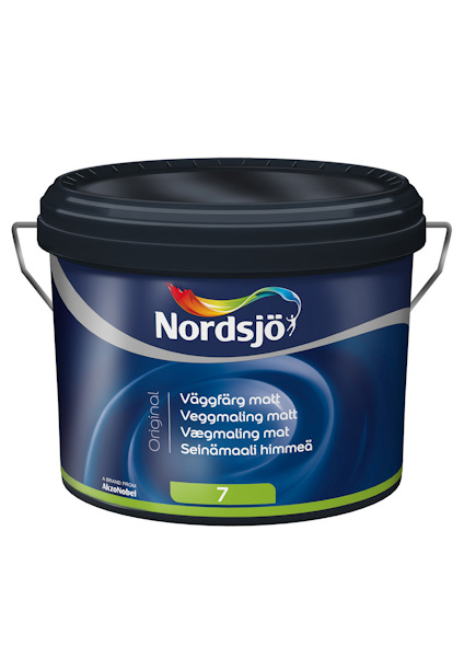 En blå burk med Nordsjö väggfärg, Original Matt, med en regnbåge-logotyp och text på flera språk.