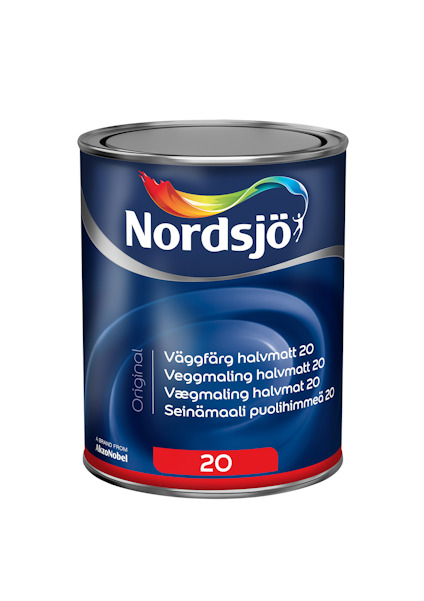 Färgkanna med Nordjsö-logga och text: "Väggfärg halvmatt 20" på olika språk.