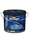 Burk med Nordsjö tak- och väggfärg, original helmatt 3. Blå och svart etikett med text på flera språk.
