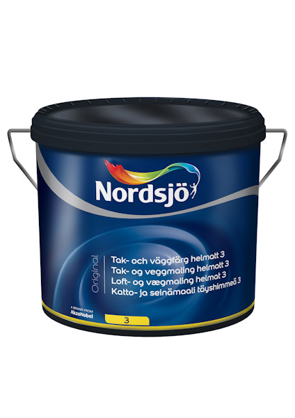 Burk med Nordsjö tak- och väggfärg, original helmatt 3. Blå och svart etikett med text på flera språk.