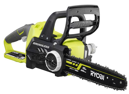 Grön och svart kedjesåg med texten "BRUSHLESS" och längdmarkeringar på svärdet.
