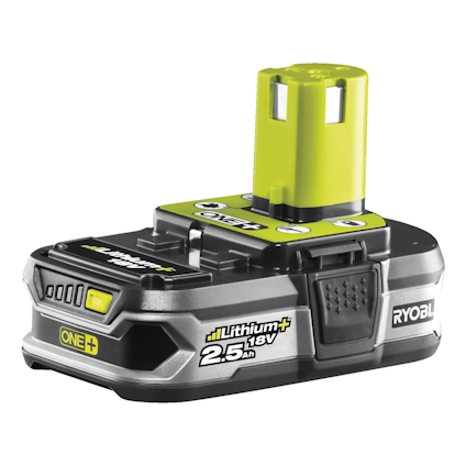 Svart och grön Ryobi litiumbatteri med märkning "ONE+ 2.5 Ah 18V" och en inbyggd laddningsindikator.