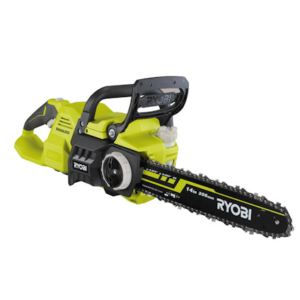 Grön batteridriven kedjesåg av märket RYOBI med svart handtag och svärd; text på svärdet: "14in 356mm".