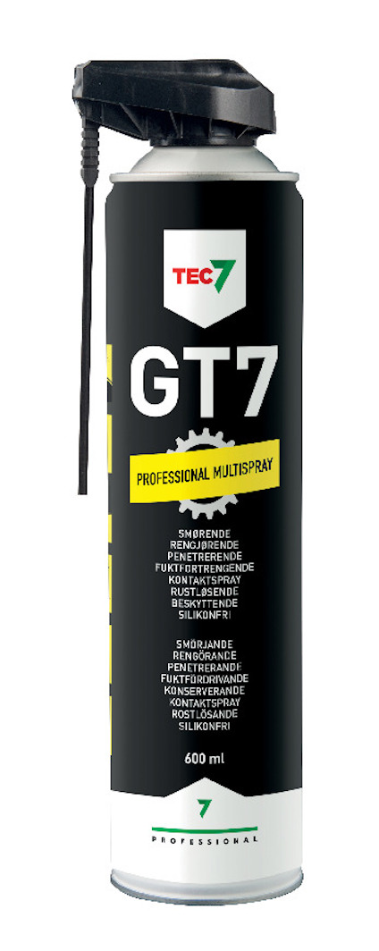 Sprayburk märkt "GT7 Professional Multispray" med svart etikett och röd-grön logotyp. Kapacitet: 600 ml.