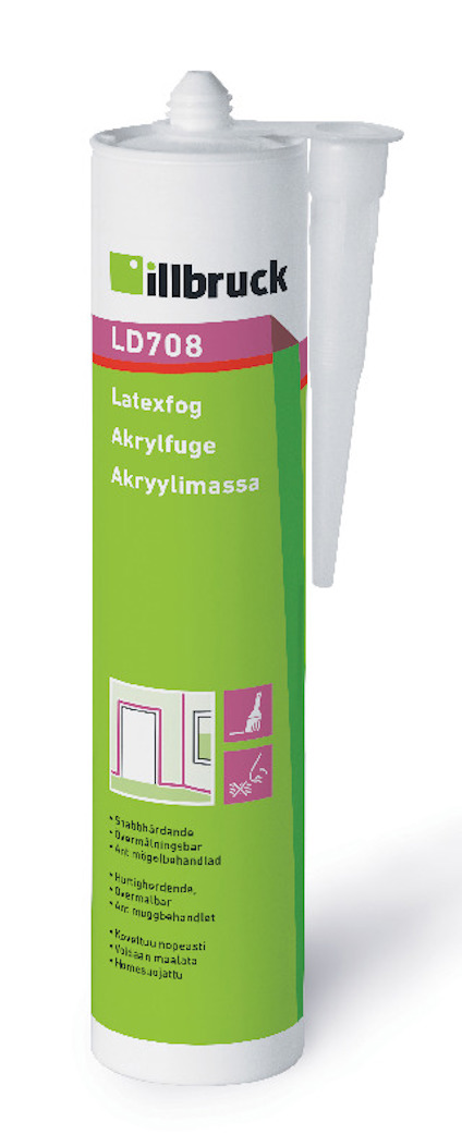 Förpackning med vitt latexfogmärket illbruck LD708, med texten "Latexfog Akrylfluge Akrylimassa" och grönt etikett.