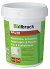 Vit hink med illbruck PF420 Reparation- och Kakelfix. Grön etikett med text på flera språk och vit lock.