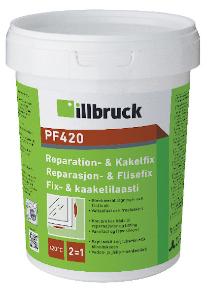 Vit hink med illbruck PF420 Reparation- och Kakelfix. Grön etikett med text på flera språk och vit lock.