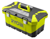 Grön och svart verktygslåda med märket "Ryobi" på framsidan och ett bärhandtag på toppen.