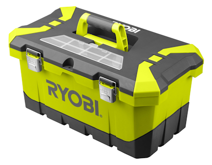 Grön och svart verktygslåda med märket "Ryobi" på framsidan och ett bärhandtag på toppen.
