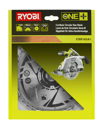 Förpackning med cirkelsågsklinga, visar klingan och en batteridriven RYOBI cirkelsåg mot en grön bakgrund.