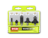 Frässtålsats i förpackning med fem olika frässtål och märkningen "RYOBI ROUTER BIT SET RAKRBS5".