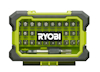 Bitssats i grön förvaringslåda med transparant lock, märkt RYOBI. Innehåller olika bits och en bitshållare.