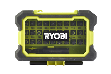 Plastlåda med genomskinligt lock innehållande 32 olika bits, märkt med logotypen "RYOBI".