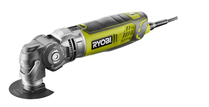 Multiverktyg i grönt och svart med sladd och triangelformat blad. Märkt med "RYOBI".