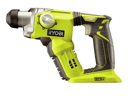 Grön och svart batteridriven borrhammare från Ryobi med ergonomiskt handtag och metallhylsa, utan batteri.