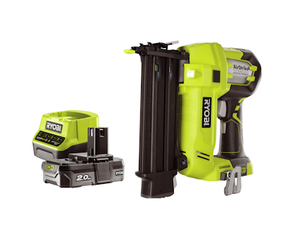 Dyckertpistol i grönt och svart med tillhörande laddare och 2,0 Ah batteri från Ryobi.