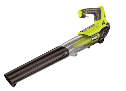 Grön och svart lövblås med genomskinligt rör och handtag i plast. Text: "RYOBI" på sidan.