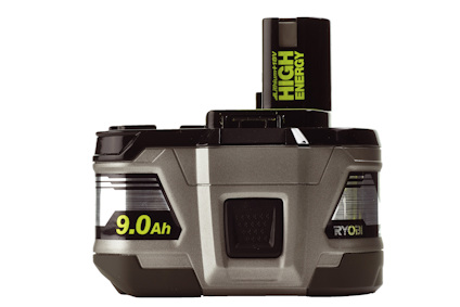 Grått Ryobi 18V 9.0Ah batteri med texten "High Energy" synlig på sidan.