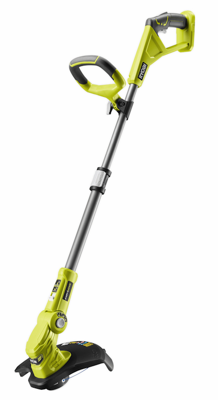 Grön och svart grästrimmer med teleskopiskt skaft och justerbart främre handtag.