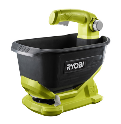 Grön och svart fröspridare med handtag och justeringsratt, märkt "RYOBI".
