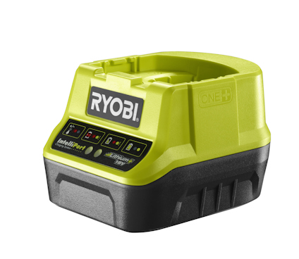 Grön och svart batteriladdare med texten "RYOBI" på framsidan och flera lysdioder nedtill.