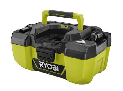 Grön och svart bärbar dammsugare med ett handtag och texten "RYOBI" på framsidan.