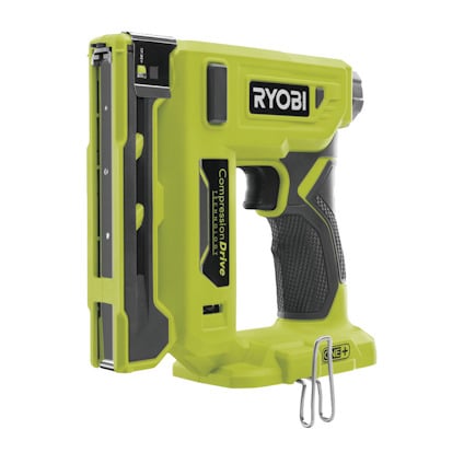 Grön och svart häftpistol med märkningen "Ryobi Compression Drive".