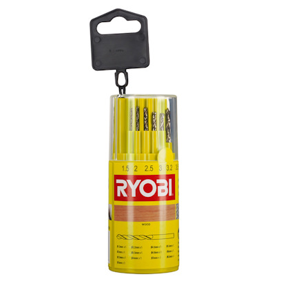 Borrsats i grön plastcylinder med texten "RYOBI" på etiketten. Lock med handtag upptill.