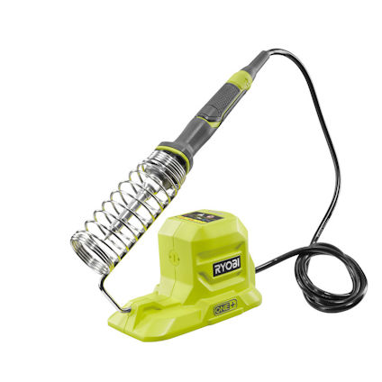 Grön lödkolv med svart handtag och en spiralformad ställning. Märkt med "Ryobi" och "ONE+".