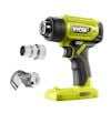 Grön och svart varmluftspistol med texten "RYOBI", tillsammans med två metallmunstycken.