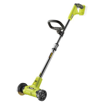 Grön och svart plattrensare med borsthuvud och justerbart handtag. Märkt "RYOBI" på skaftet.