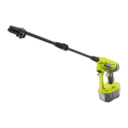Grön och svart mellantryckstvätt med lång spolarm och avtryckare, stående på ett batteri.
